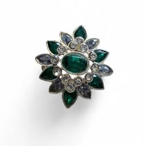 Green & White Rhinestone Silver Tone Statement Ring
